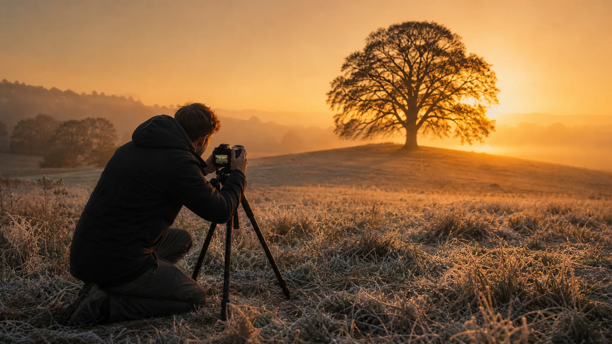 Photographer setting up a tripod camera aimed at a lone oak in a frosty field at dawn